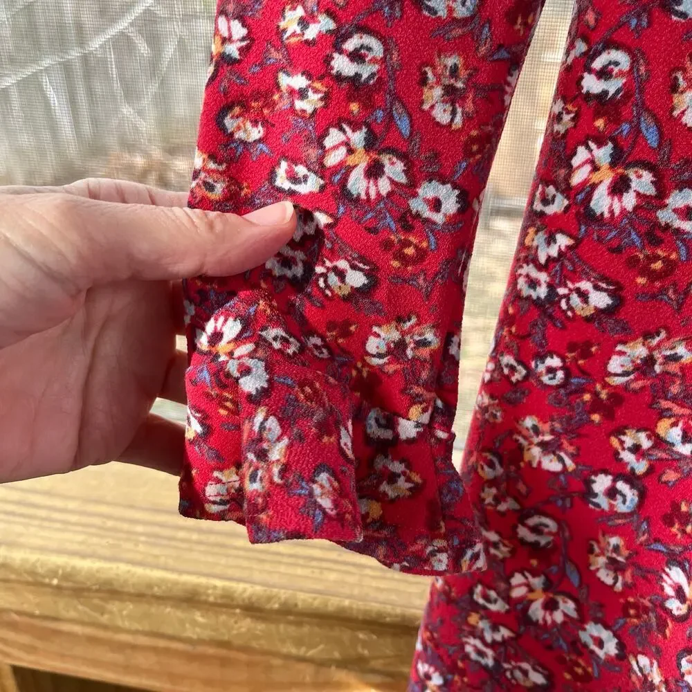 Free People Say Hello Mini Dress Red Floral Long Sleeves Size S